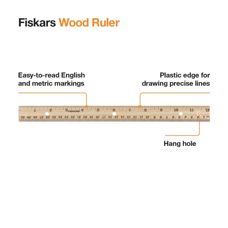Fiskars مسطرة خشبية فيسكارس - مسطرة حافة مستقيمة 12" للأطفال - مستلزمات العودة إلى المدرسة للطلاب - Image 2